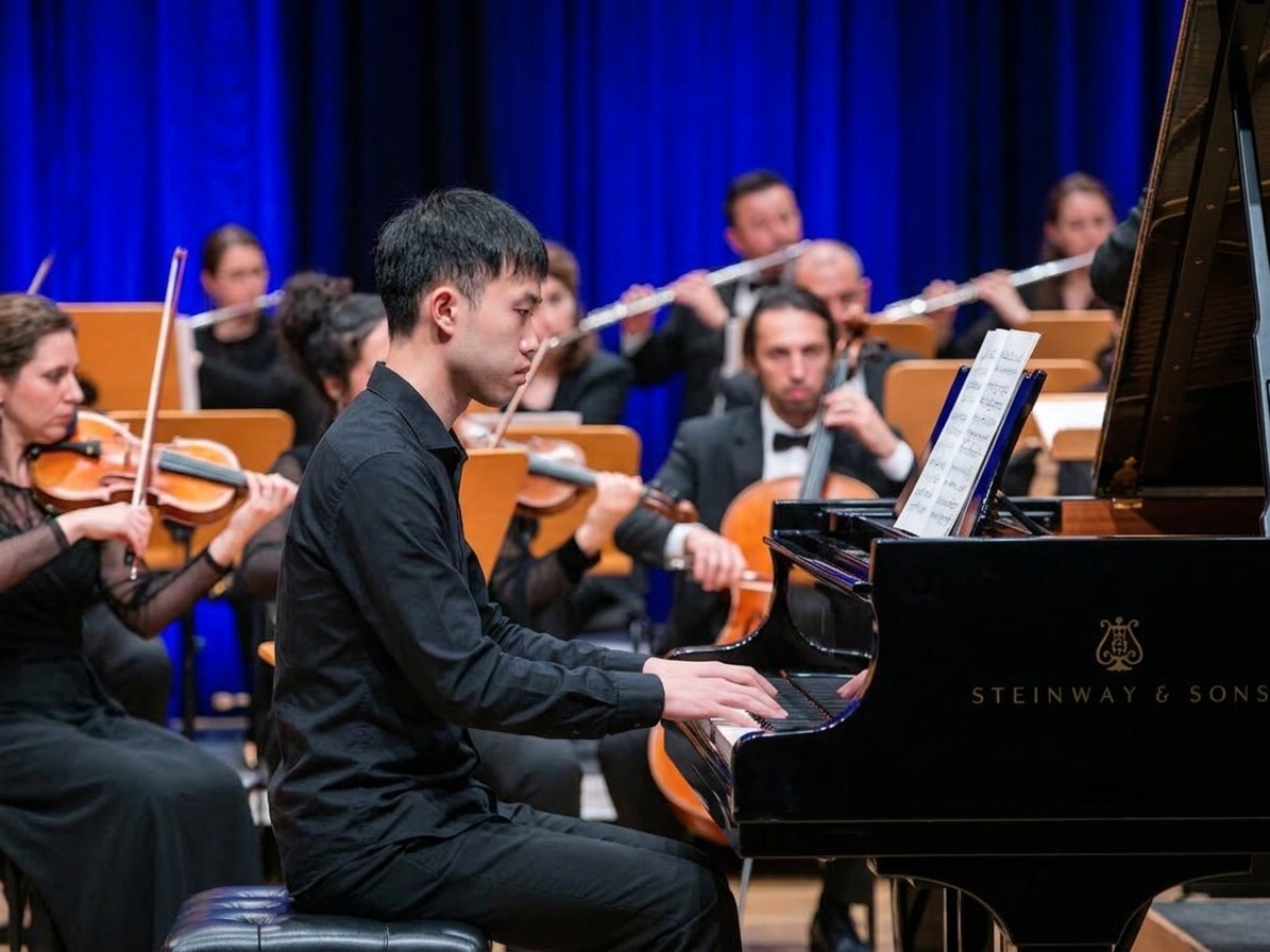 homoj performing a piano concerto with orchestra